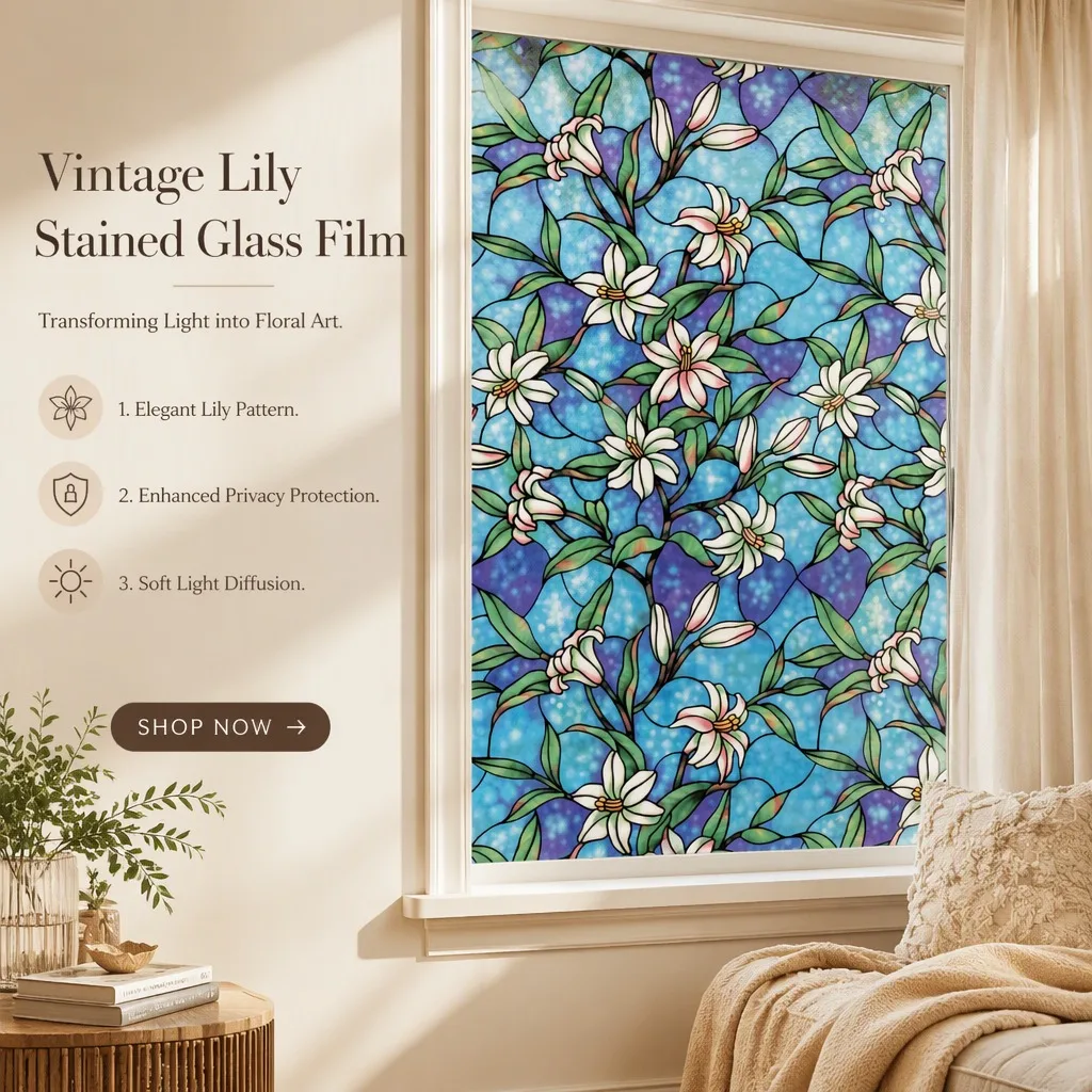 Stained Glass Lily Window Film Privacy Heat Insulation Anti-Splash Static Cling Decorative for Office Bathroom Home Glass