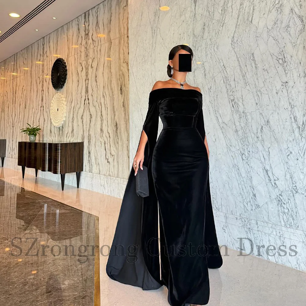 

Custom Made Modern Boat Collar Velet Bridal Evening Dress Sheath Sexy Floor Length Classic Prom Dress with Cape vestido de