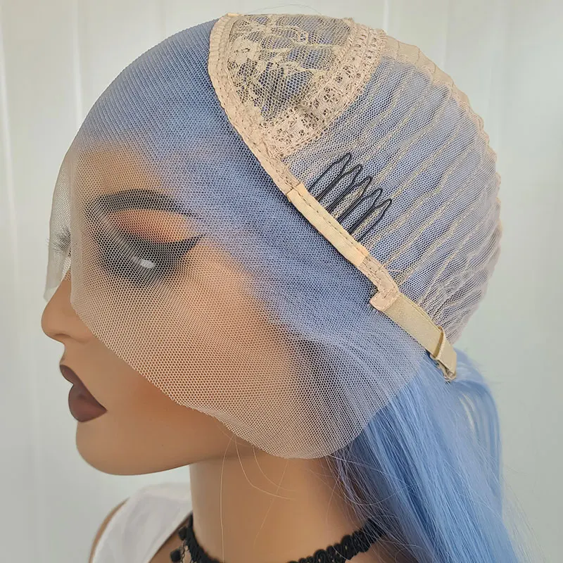 Wig rambut lurus biru muda sintetis 13x4 Wig renda depan kualitas tinggi serat tahan panas garis rambut alami untuk Cosplay wanita