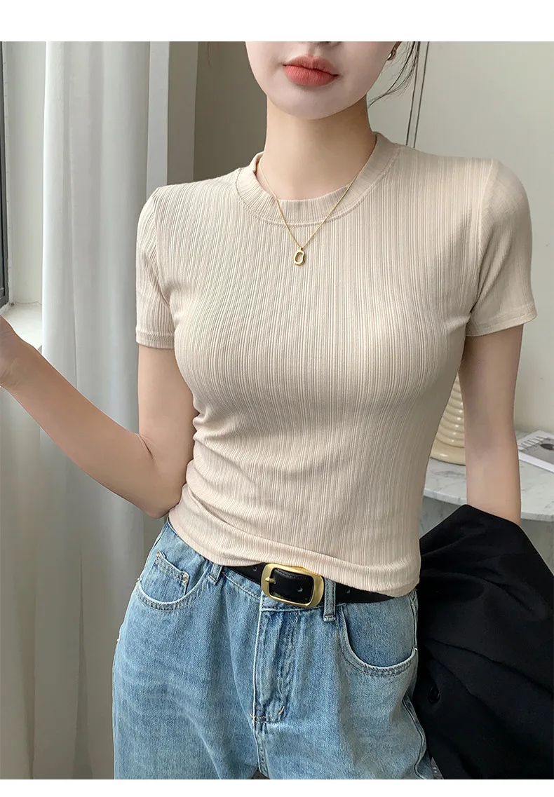Sommerliches neues Damen-Rundhals-T-Shirt, gestricktes Kurzarm-Oberteil, lässiges Allround-T-Shirt, gestreiftes Basic-Shirt, schmal geschnitten, atmungsaktiv – Detail 17