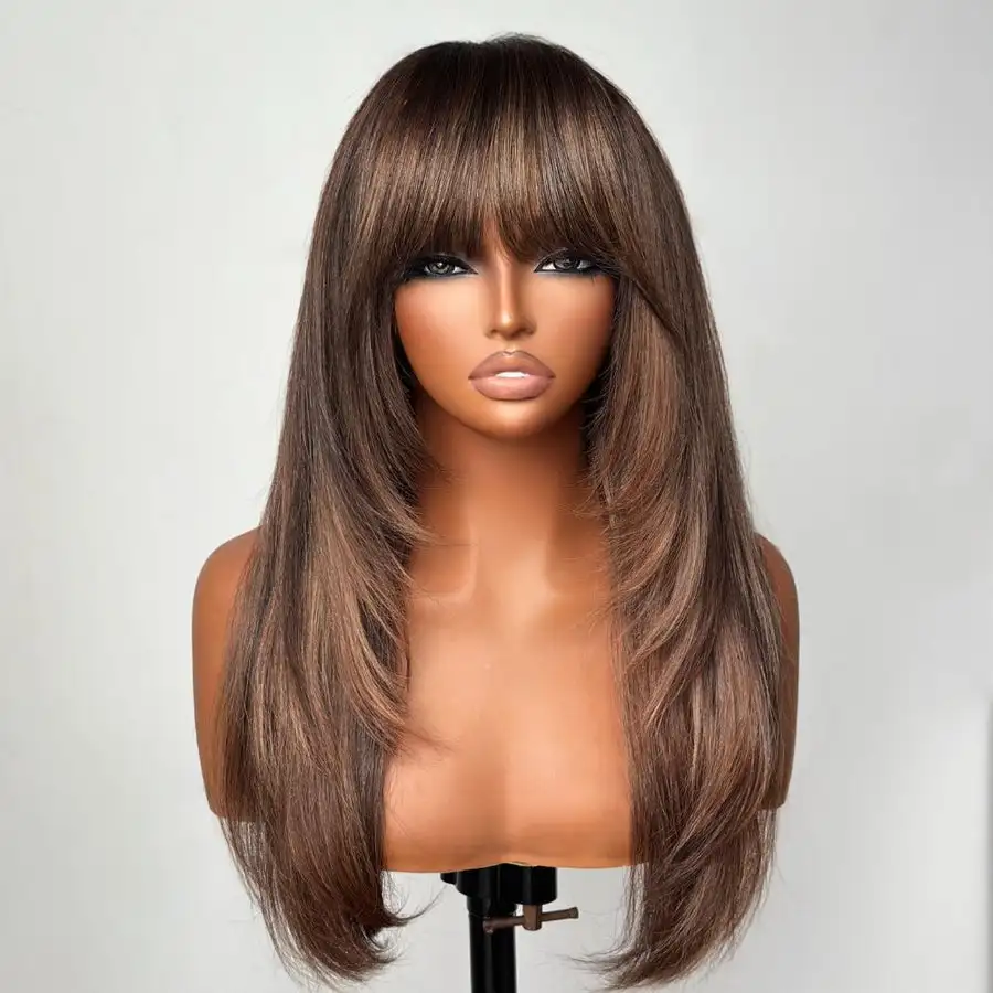 Bruin gemengd blond met highlights en pony HD kantwerk pruik van echt haar, uitverkoop, lijmloos, lichtbruin met blonde highlights, 22 inch pruiken - afbeelding 2