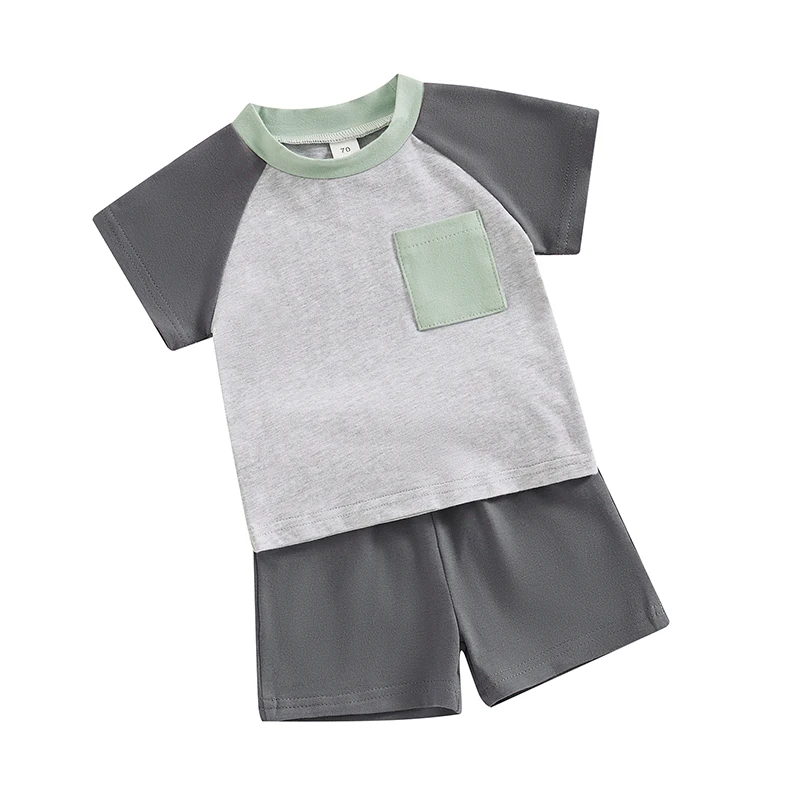 Toddler Baby Boy Clothes Summer Outfit Color Block Short Sleeve Crewneck T-shirt Tops Casual Elastic Waist Shorts Set