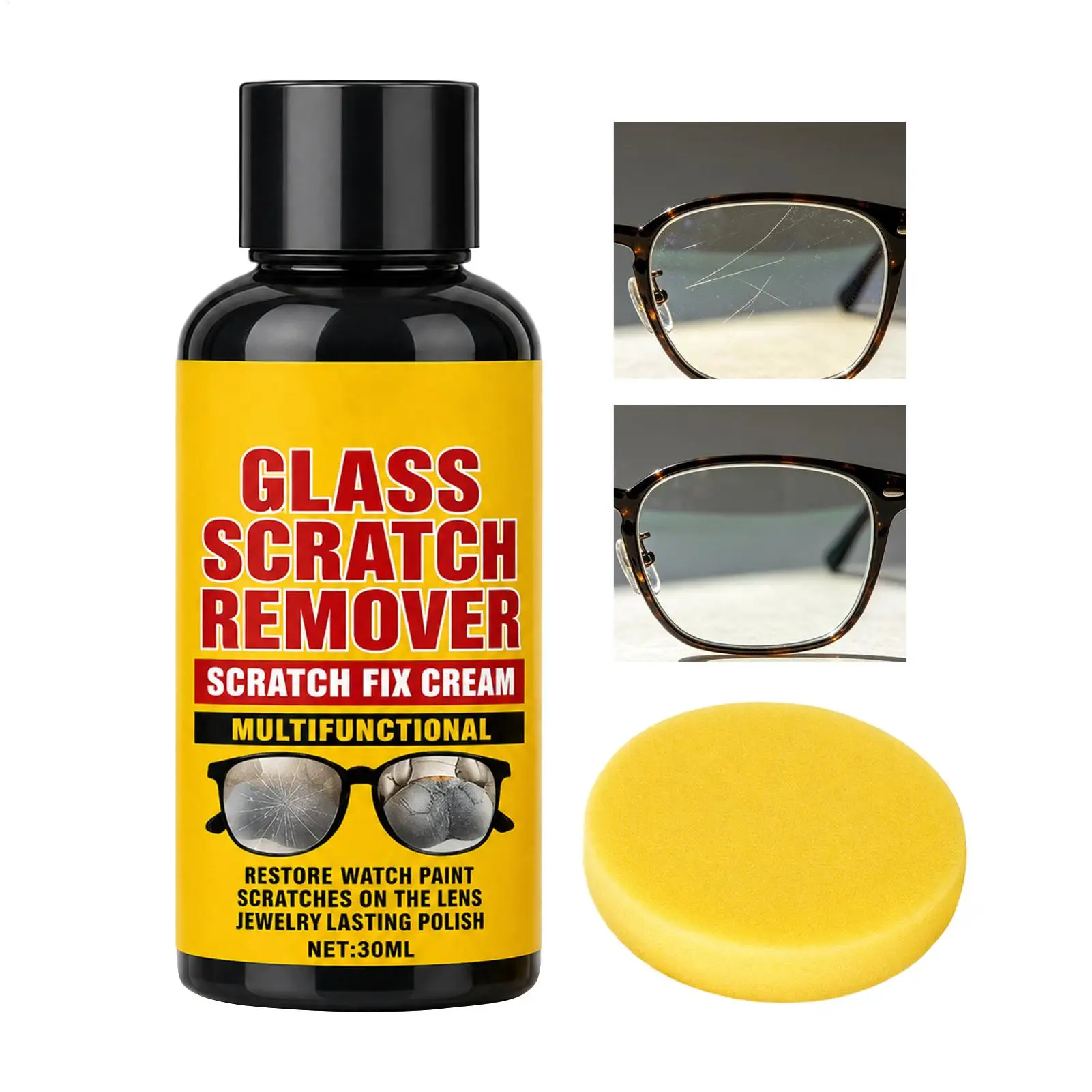 30ml Glasses Scratch Remover Clear Lens Restorer With Sponge Gentle Polishes For Fine Scratches On Eyeglasses, Home Office