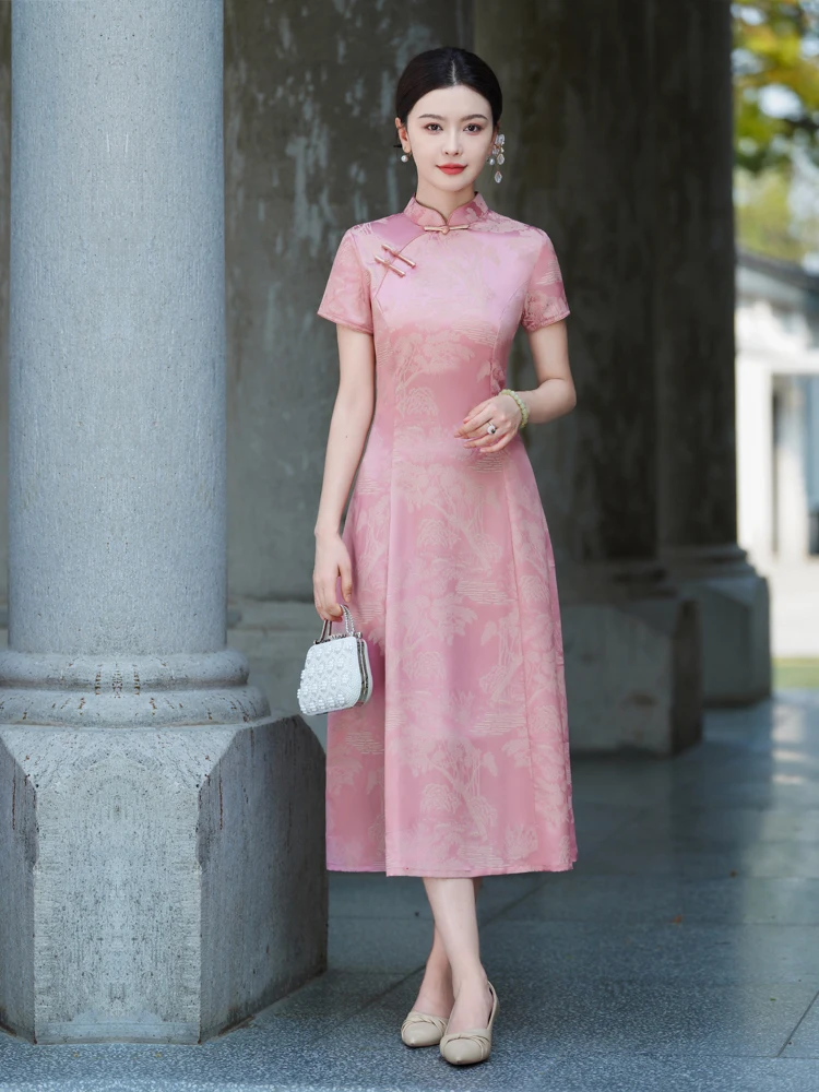 

Розовое длинное платье-ципао в молодежном стиле, однослойное, без разрезов, для повседневной носки, удобное, дышащее, из полиэфирного волокна, летняя мода