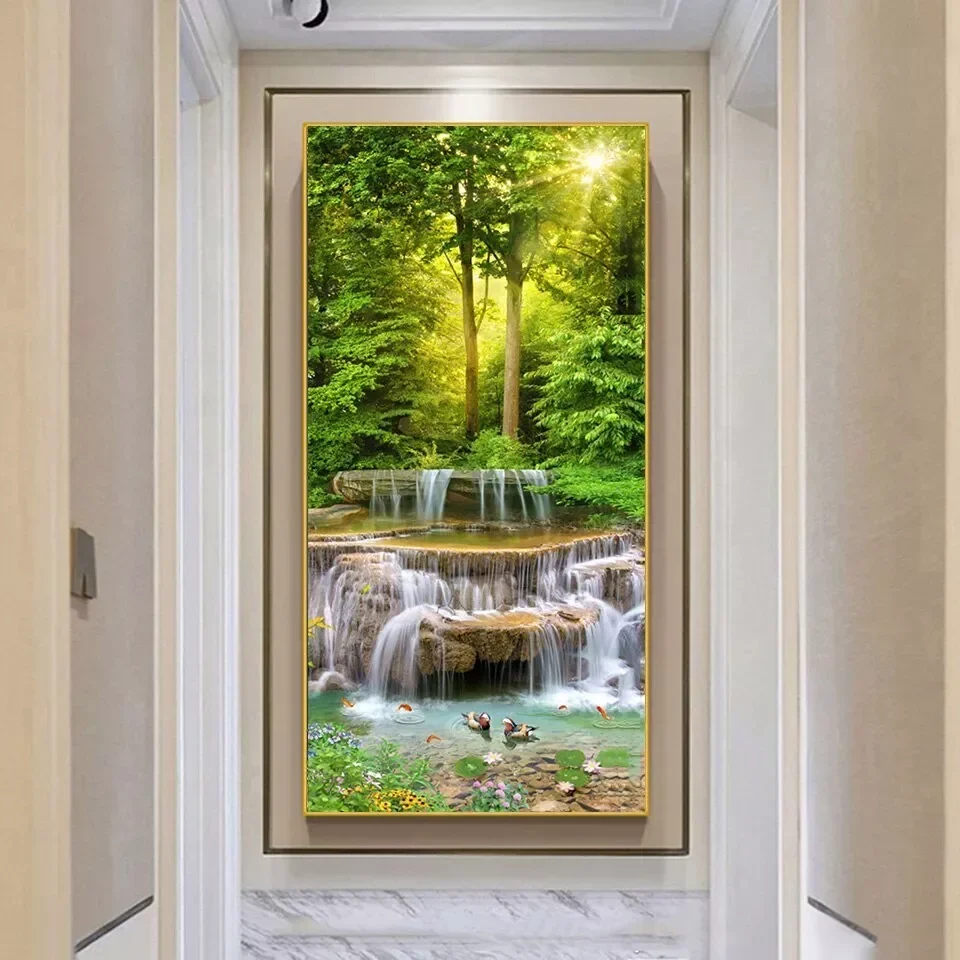 Landscape Green Tree Waterfall , Art Print Silk Poster Home Wall Decor