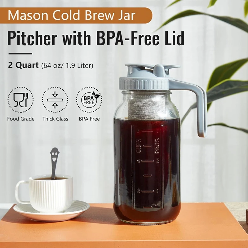 Imagem -05 - Iced Tea Maker Mason Jar Jarro de Vidro Grosso Durável Cold Brew Tampa do Bico Flip Cap com Alça 64oz