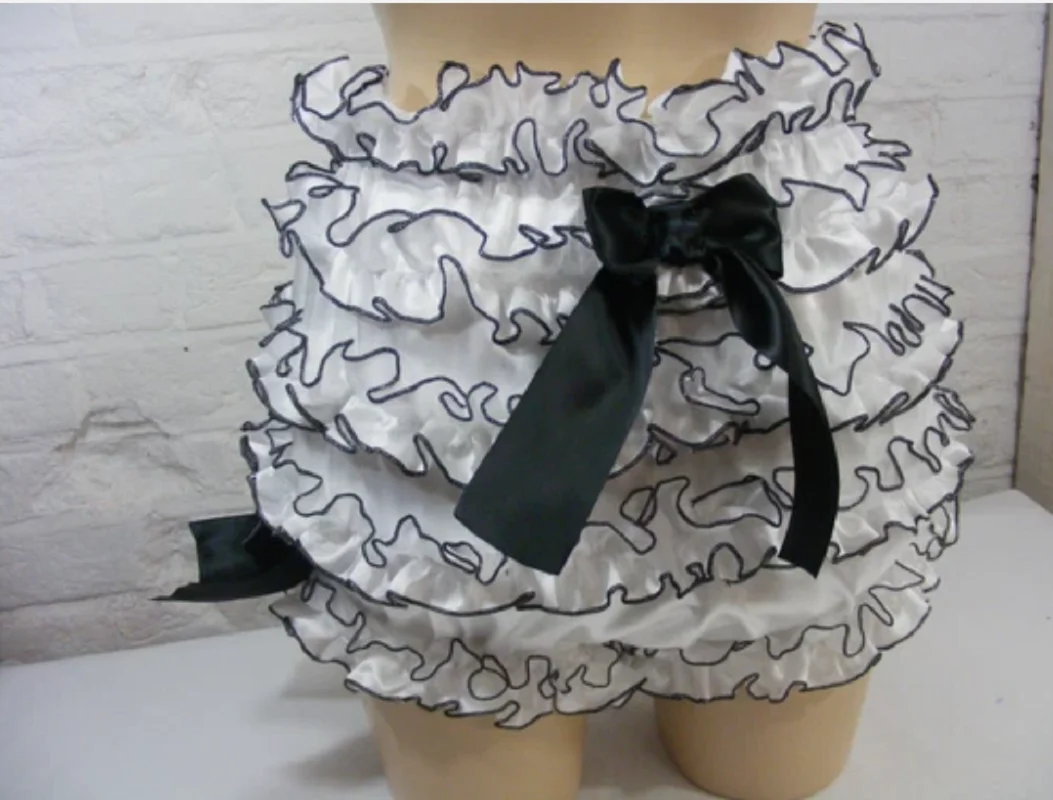 

Adult Baby Sissy White Satin Elastic Waistband Multi-layer Pleated Round Neck Underwear