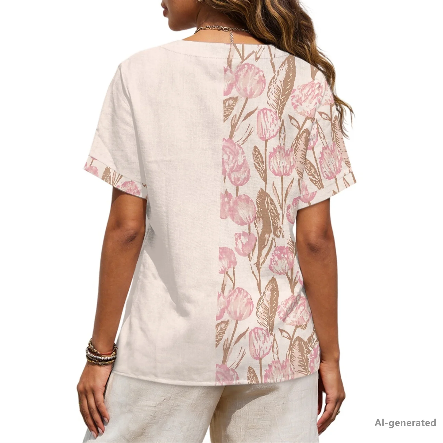 XIXIRIMIDO Women's Linen Crew Neck Button Floral Print Short Sleeve Shirt Oversized Casual HomeWear Summer Beach Vacation Outfit