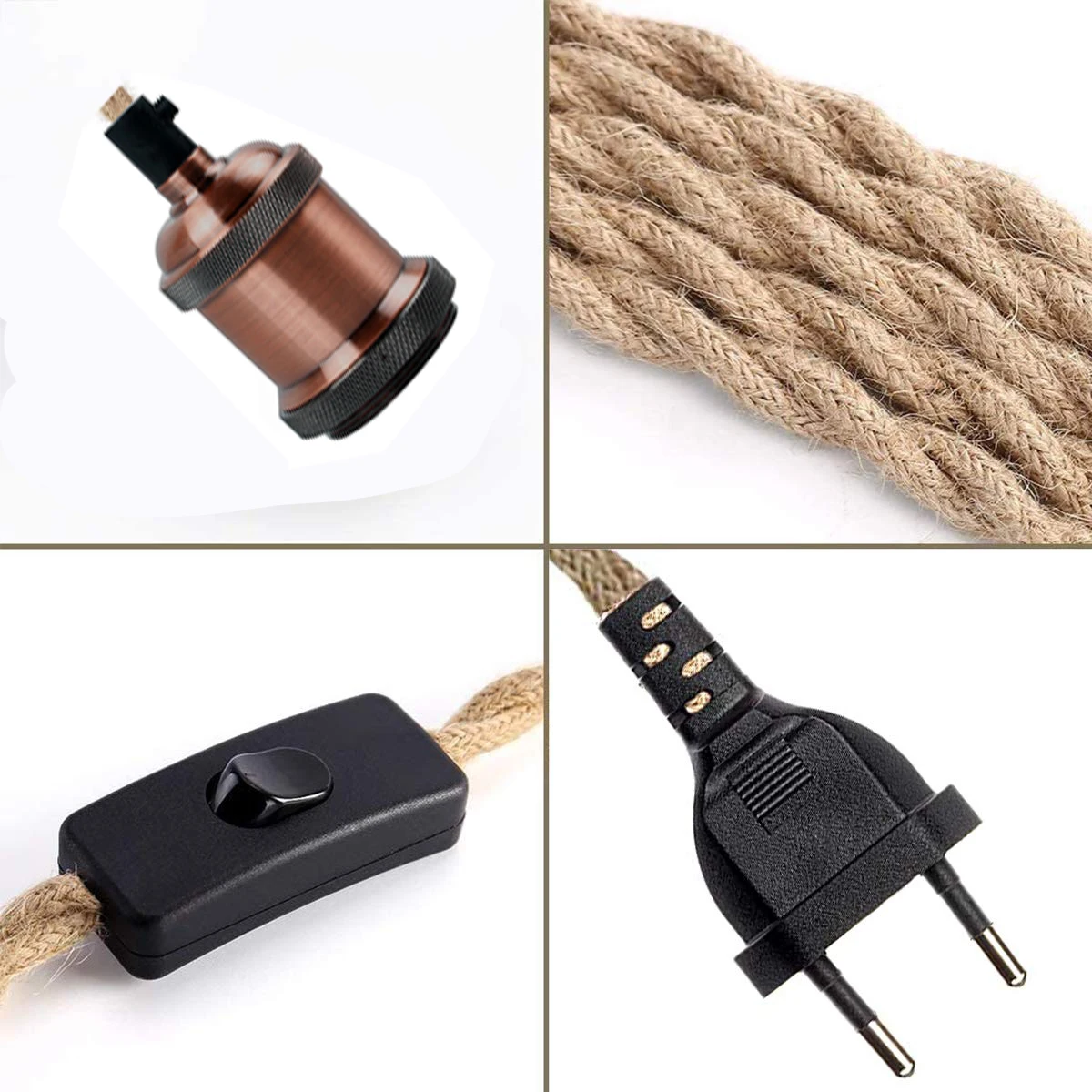 2M 3M Power Cord Pendant Light Twist Hemp Rope Cables E26 E27 Lamp Holder EU Plug with Switch Wire Edison Bulb Socket Cord Cable