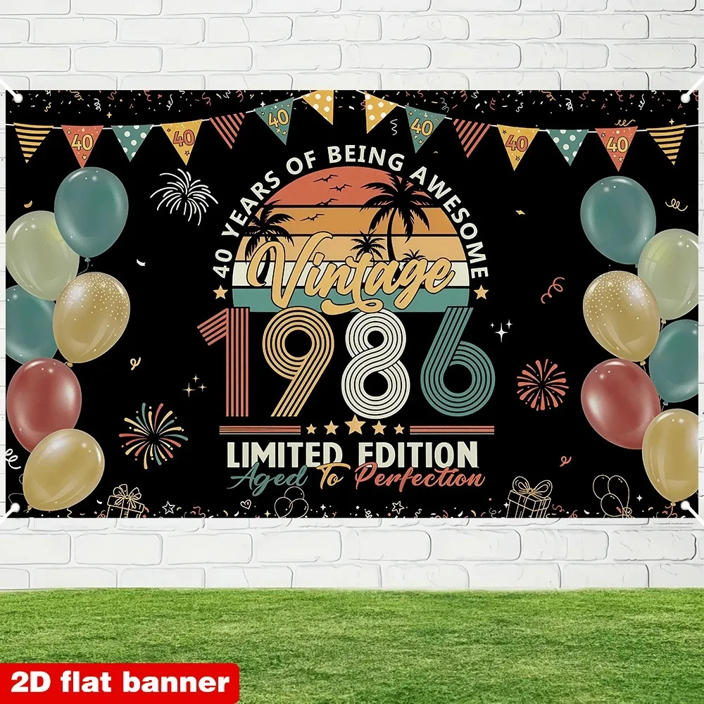 Vintage-Hintergrund zum 40. Geburtstag von 1986, Retro-Hintergrund mit der Aufschrift „40 Years of Being Awesome“ mit Palme und Sonnenuntergang für die Party – Detail 4