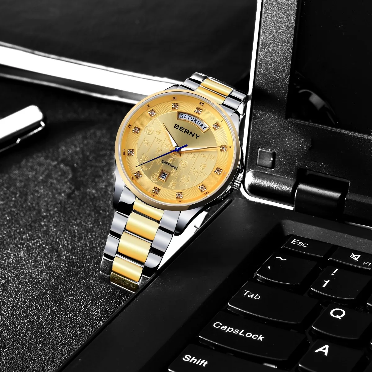 

BERNY Gold Watches for Men Sapphire Classic Elegant Quartz Men's Watch Date Weeks Full Stainless Steel Dress Business Wristwatch