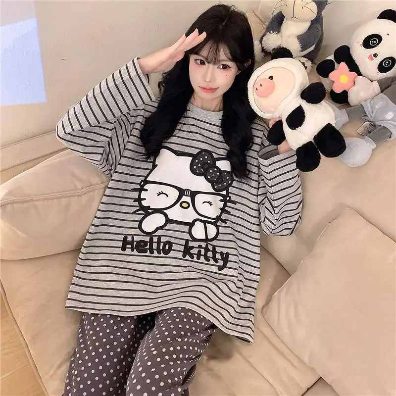 

Cartoon Pure Cotton Female Pajamas Suit Sanrio Anime Hello Kiity Cute Round Neck Leisure Long Sleeves Plus Size Lounge Clothes
