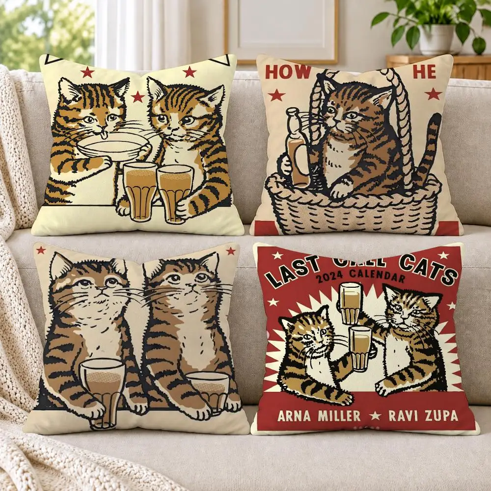 Cheers Drunk Cats Cushion Cover Short Plush Double-Sided Printing Sofa Bedroom Living Room Throw Pillow Cover Home Decor