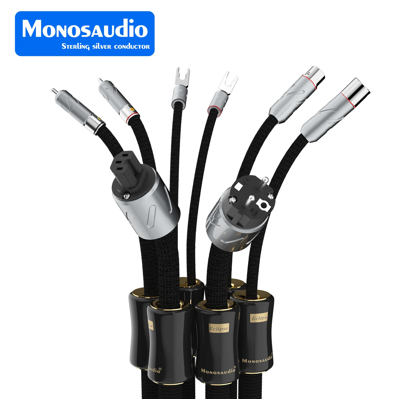 Monosaudio Eclipse Reference Series - 6N Pure Silver High-End Audio Cables: RCA, US AU  EU  Schuko Power, and XLR Interconnects