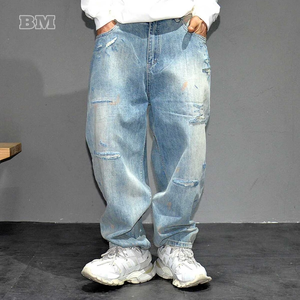 

American Streetwear Distressed Ripped Jeans For Men Korean Fashion Baggy Denim Cargo Pants Hip Hop Skateboard Trousers Male