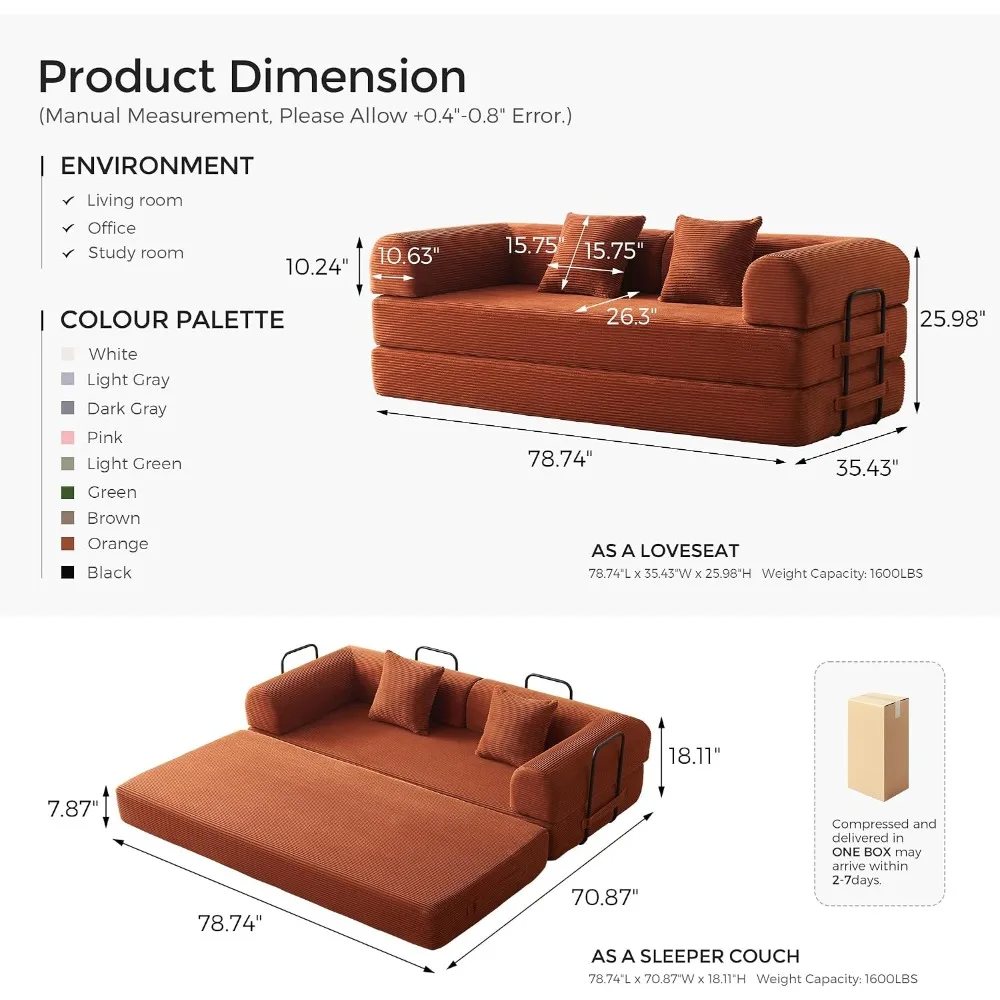 79" Convertible Futon Sofa Bed, Boneless Couch for Living Room, Orange - view 2