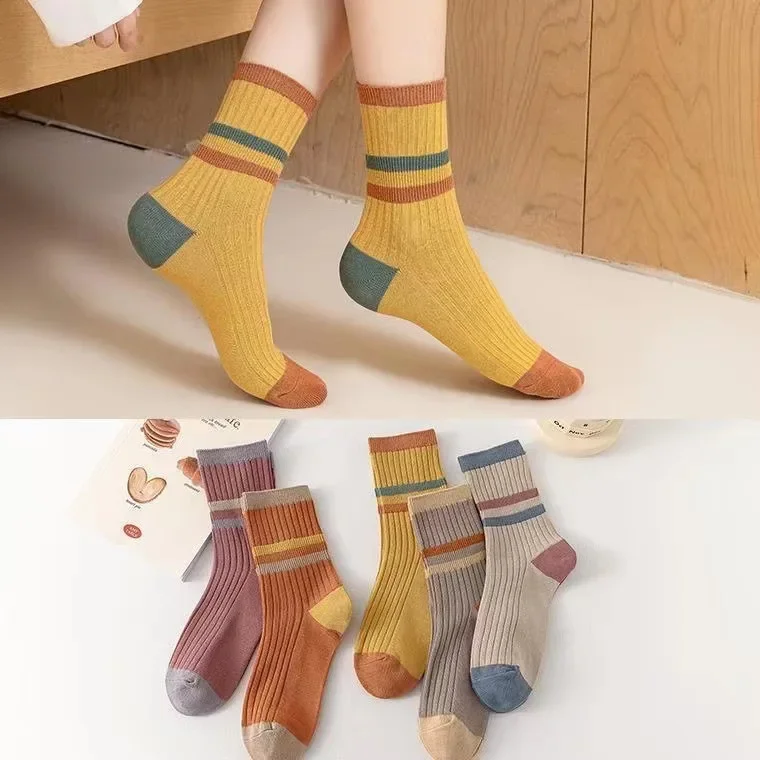 5 Pairs Women Mid Calf Socks Korean INS Style Autumn Winter Chunky Socks Japanese Striped Color Block Single Needle Trendy Socks