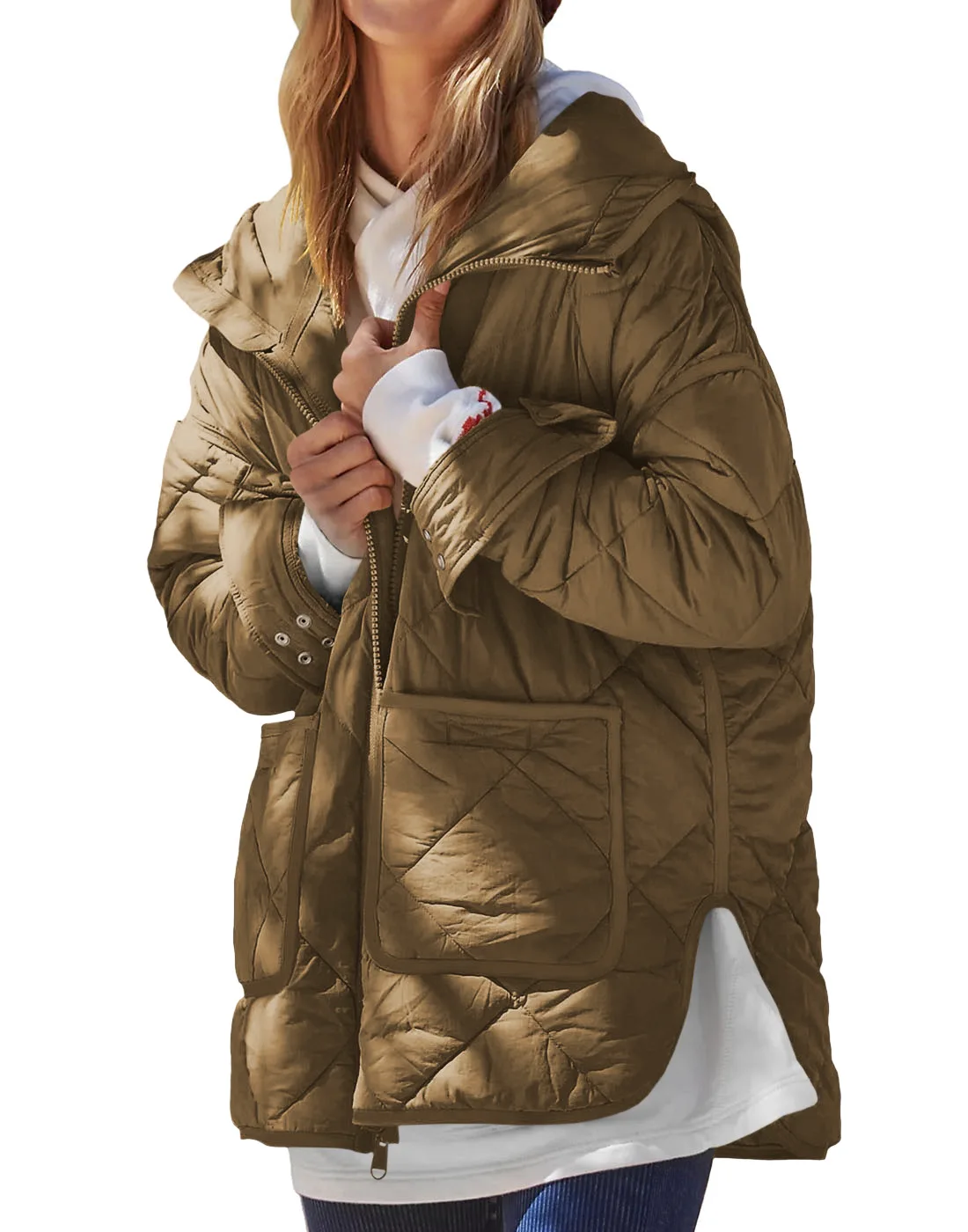 

Solid Color Fashion Diamond Grid Large Pocket Slit Cotton Coat Loose Hooded Long Sleeved Zipper Warm Jacket