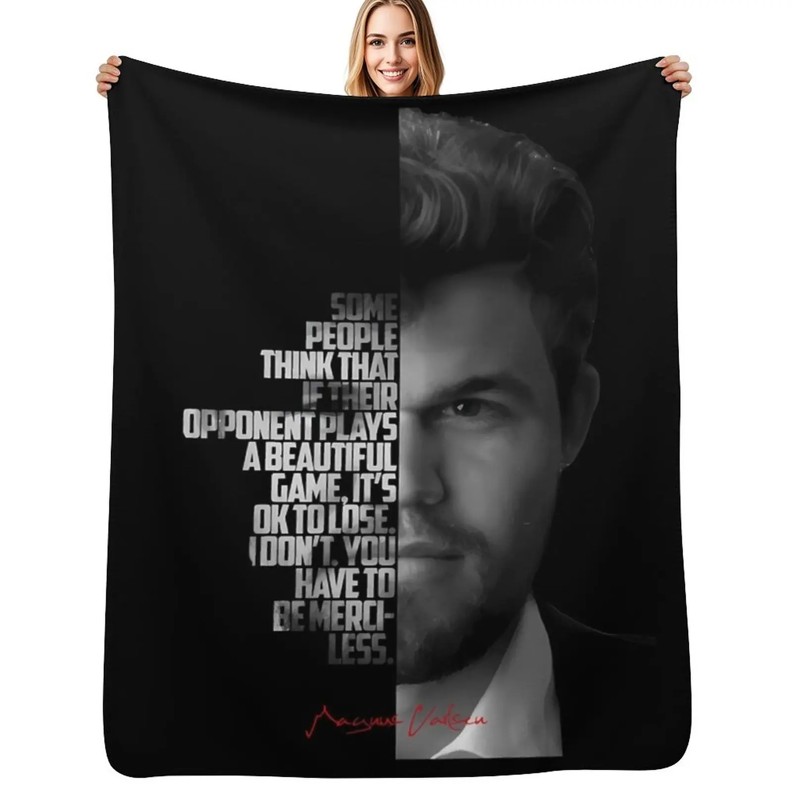 

Black and white Magnus Carlsen quote. Throw Blanket Large Decoratives Flannel manga Blankets