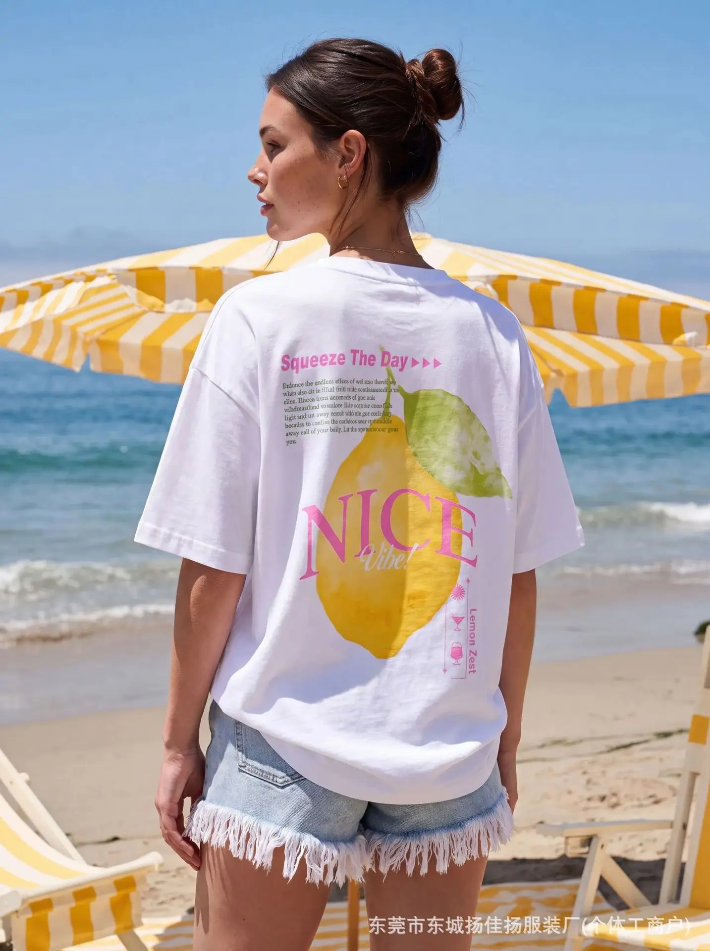 Loose Sweet Cute Squeeze The Day Lemon Back Print Cotton T Shirt Women Nice Vibe Graphic Summer Beach Casual Short Sleeve Top