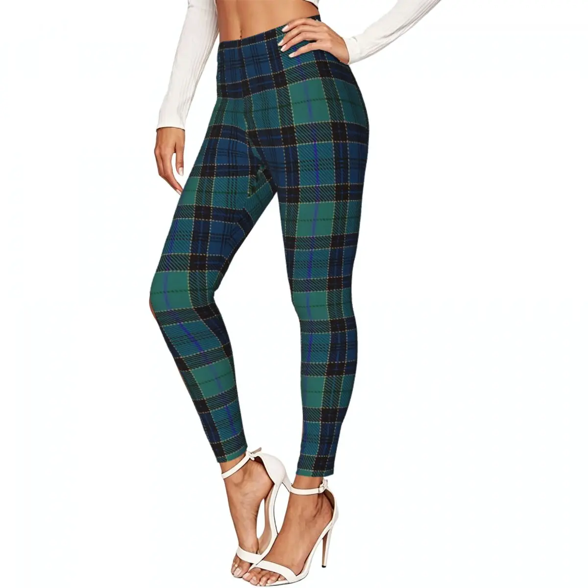 Women High Waist Elastic Leggings Traditional Scottish Folklore Elements Plaid Pattern Slim Fit Stretchy Pants Casual Wear