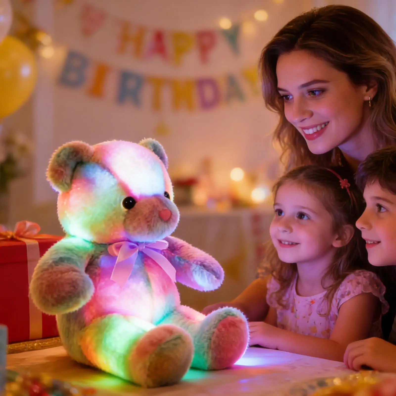 Urso de pelúcia portátil suave brinquedo macio com luzes led arco-íris urso de pelúcia animal de pelúcia para família amigos crianças menino