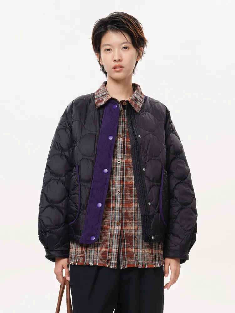 

MOVEUP Casual Women Color Contrast Down Jacket Winter Duck Down Lightweight Round Neck Pocket Fashion Puffer Jacket 3EWD21299