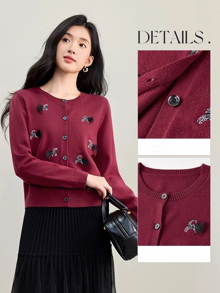 SENTUBILA Women's Lucky Pony Commuter Cardigan 2025 Autumn New Soft O-Neck Single-Breasted Casual Knit Sweater Coat W53EB3516