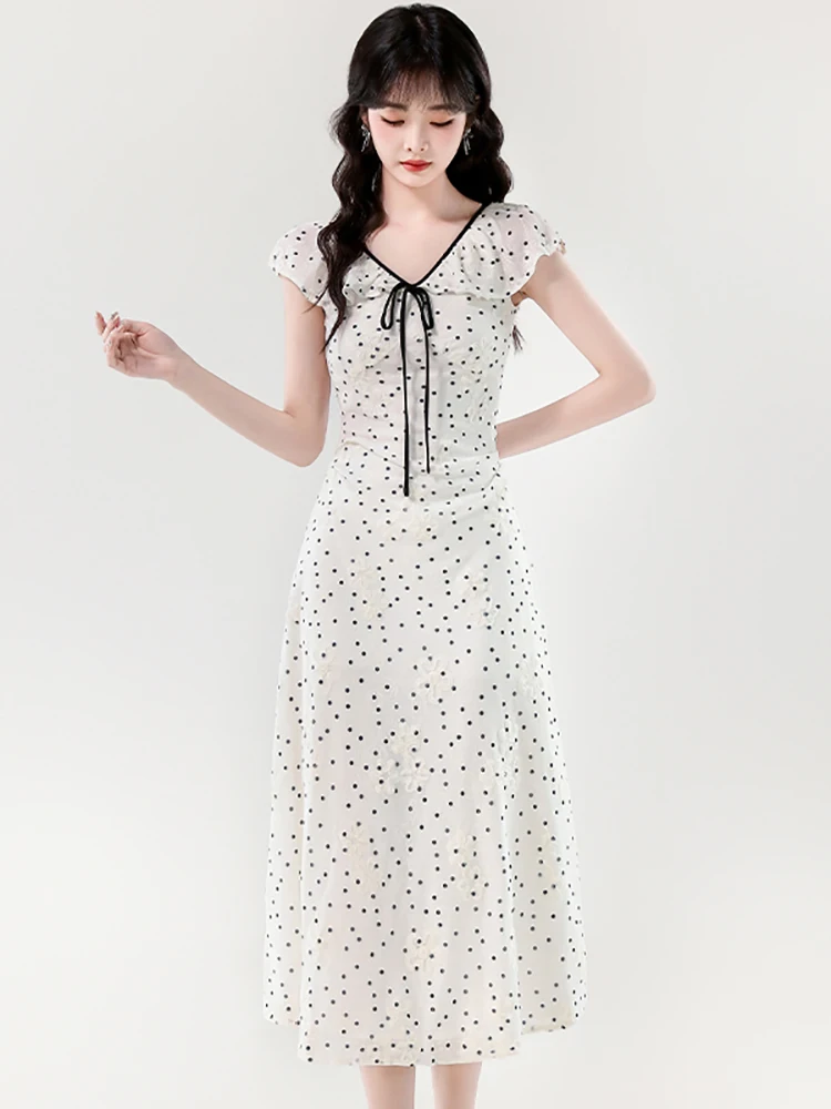 

White Jacquard Polka Dot Long Dress for Women Summer Elegant Bow Ruffled V-Neck Casual Dress 2025 Korean Bodycon Birthday Dress