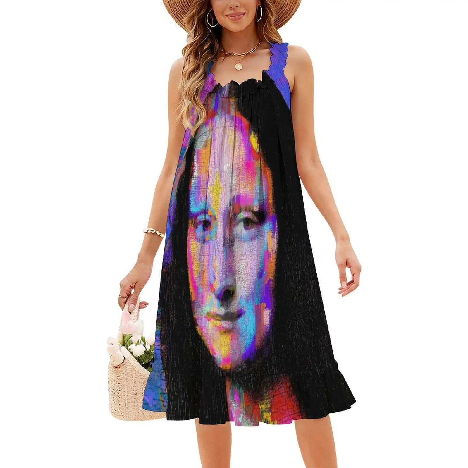 الموناليزا فن البوب البوهيمي فستان بلا أكمام للنساء طباعة فساتين حفلات الشاطئ الموناليزا ليوناردو دافنشي وارهول البوب مساء