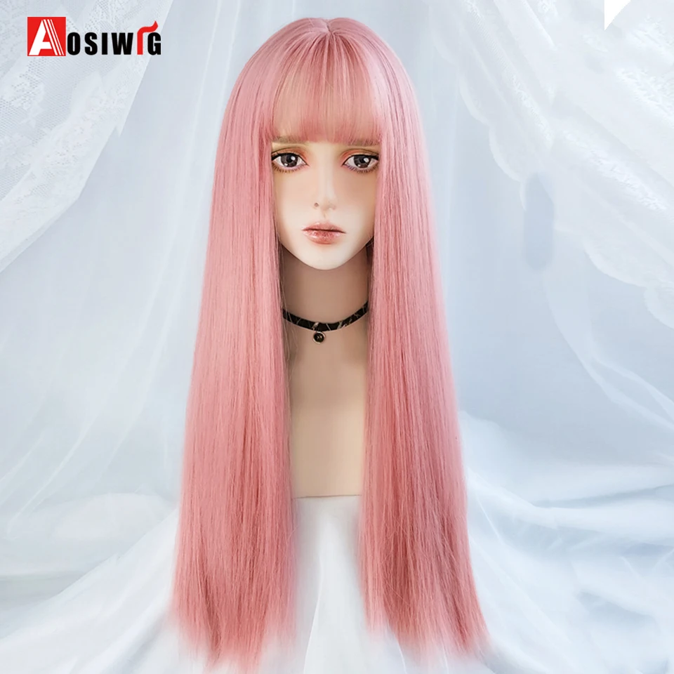 Ombre Synthetic Cosplay Lolita Wigs With Bang Pink Blue Blonde Red Long Straight Halloween Wig For Women's Heat Resistant Fiber