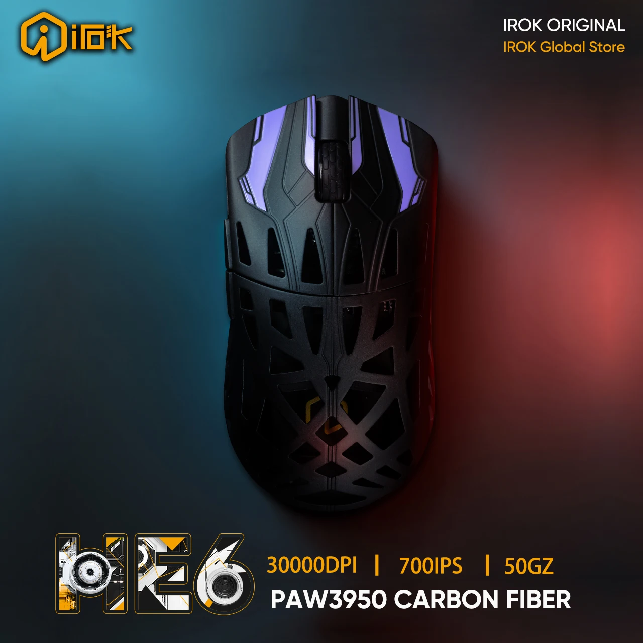 IROK HE6 Ultra Wireless Gaming Mouse PAW3950 Dual 8K Carbon fiber shell 500mAh Battery BT 2.4G Wired FPS Gamer Mouse PC Gifts