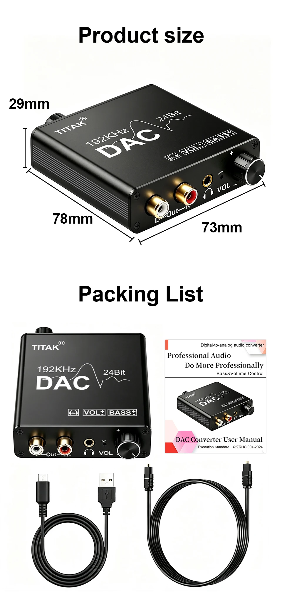 192-kHz-DAC-Digital-Analog-Audio-Konverter, tragbarer Kopfhörerverstärker, Toslink-auf-RCA-Adapter für TV, DVD, PS4, HiFi, USB-Stromversorgung – Detail 9