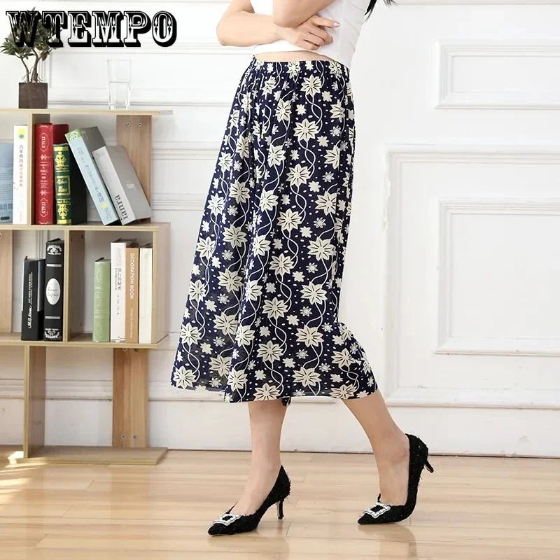 WTEMPO Women's Summer Cropped Pants Elastic High Waist Wide Leg Casual Culottes Mom New Loose Floral Print Thin Breathable Pants