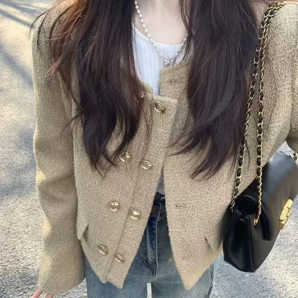 

Женская твидовая короткая верхняя одежда, элегантный шикарный топ на весну и осень, модная женская куртка на раннюю весну