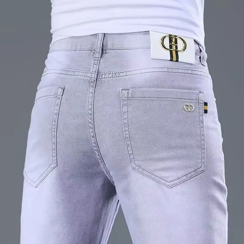 

Grey Slim Fit Men's Jeans 2026 Trendy Elastic Casual Long Pants mid Waist Cotton Stretch Denim Breathable Wear Resistant