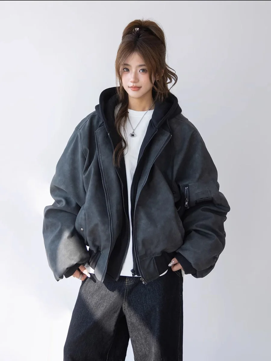 

Autumn Oversized Cool Black Thickened Warm Pu Leather Bomber Jacket Men Hood Luxury Designer Fake 2 Clothes Hoodie Y2k Coat