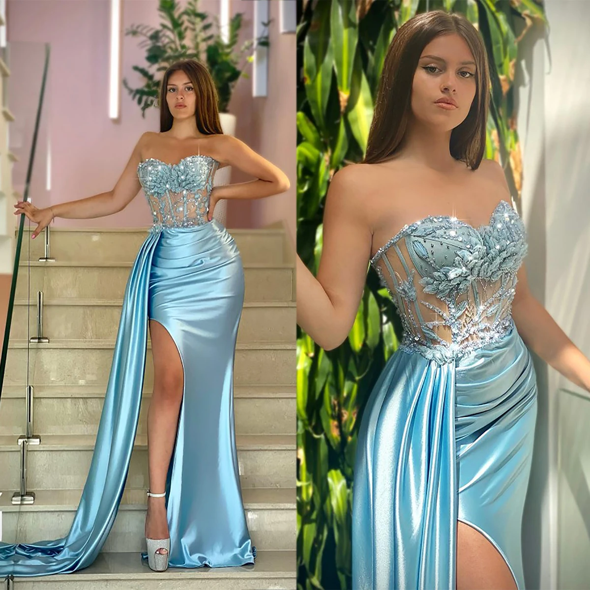 Exquisito vestido De graduación azul sin tirantes, Vestidos De sirena De Noche De satén con abertura lateral, Vestidos De Noche hechos a medida