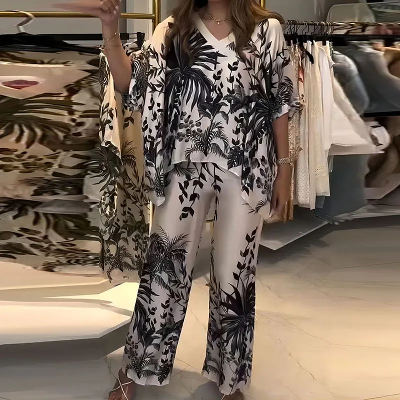Casual Lady V Neck Short Sleeved Top and Long Pants Suit Vintage Pattern Printed Straight Outfit Elegant Commuting Loose 2pc Set
