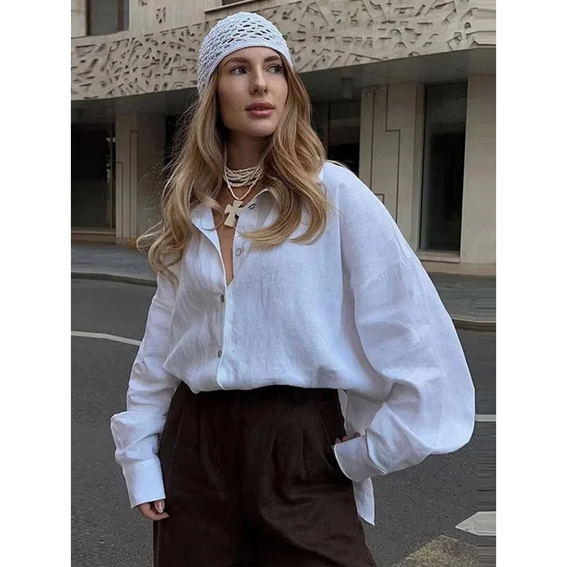 قميص بوني كبير الحجم من الكتان بأكمام طويلة وطية صدر السترة من القطن الوردي كاجوال