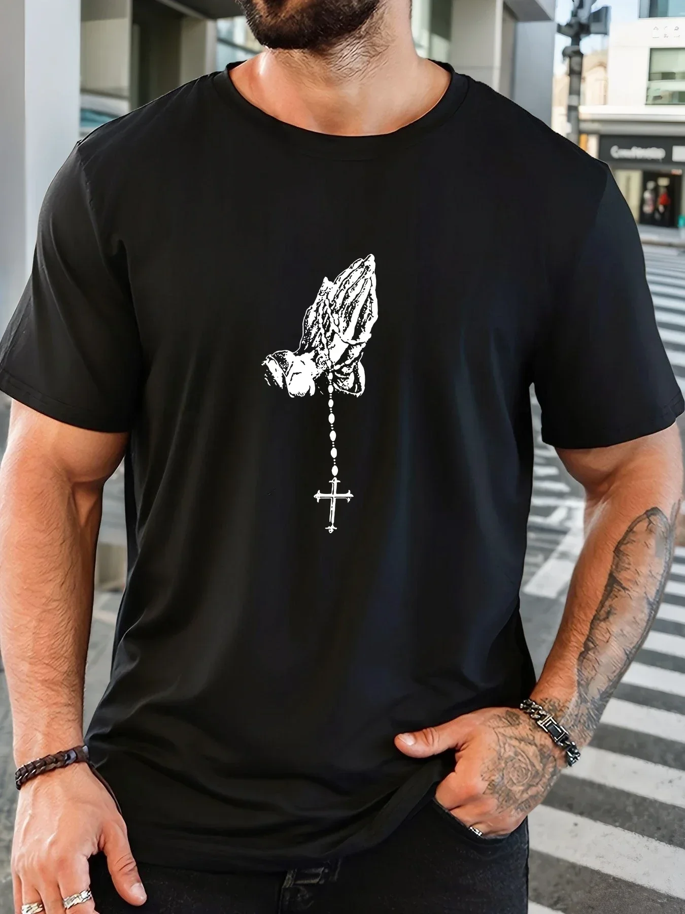 New Men White Crew Neck Tee Vintage Praying Hands Rosary Cross Print Religious Faith Believer Minimal Soft Cotton Male Tops