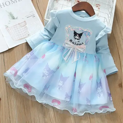 Fashion Girls Dress Spring Autumn Mesh Cartoon Kuromi Long Sleeve Princess Dresses for 2-6 Years Kids Birthday Party Costume