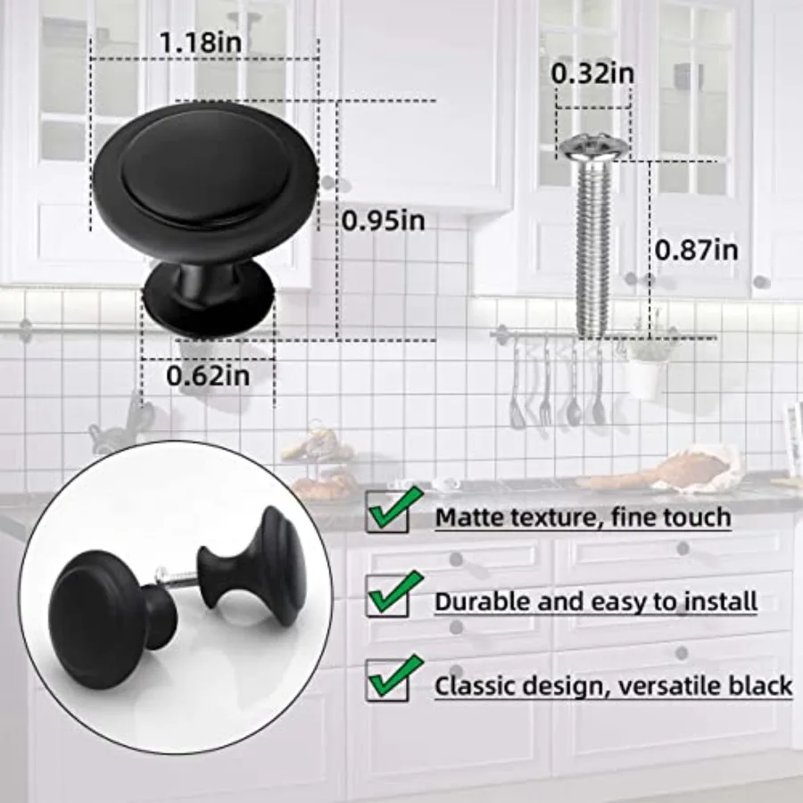 12 Pack Black Round Cabinet Hardware Knobs 1.18 Inch Flat Pulls Knob with Screws for Kitchen Drawer Dresser Cupboard Door Handl