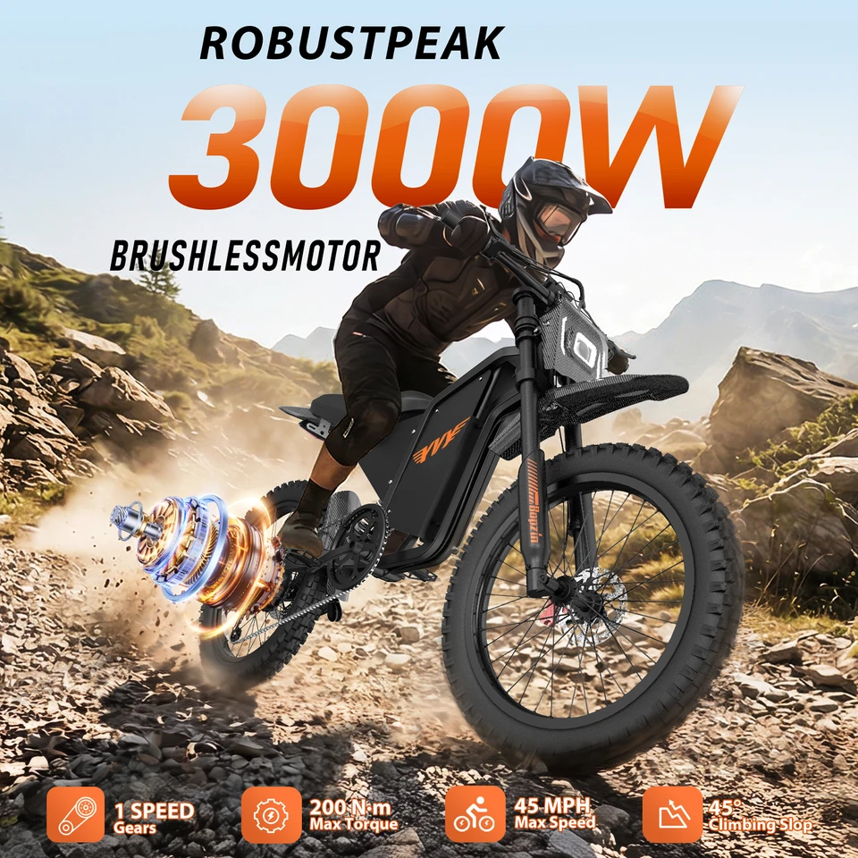 Peak 3000W 60V 35AH Electric Bike for Adults 45 MPH 25x3" Fat Tires Electric-Motorcycle Hydraulic Brakes Full Suspension