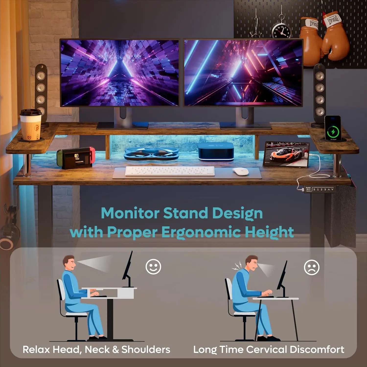Bestier LED Electric Standing Desk Adjustable Height, 58x26 Inch Large Sit Stand Desk with Monitor Stand, Ergonomic Rising Desk