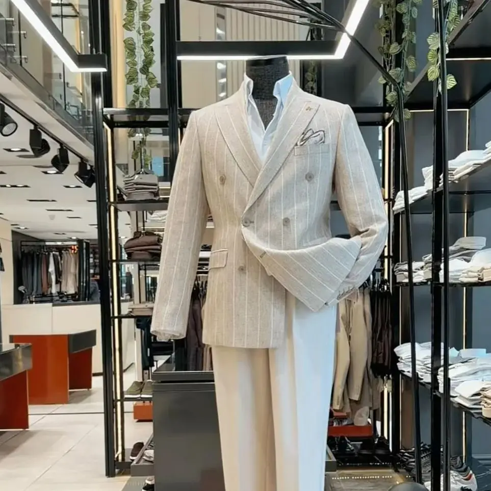 Beige Pinstripe Double Breasted Suit Set Tailored 2 Piece Blazer & Pants Formal Business Wedding Groom Suit for Men Customized