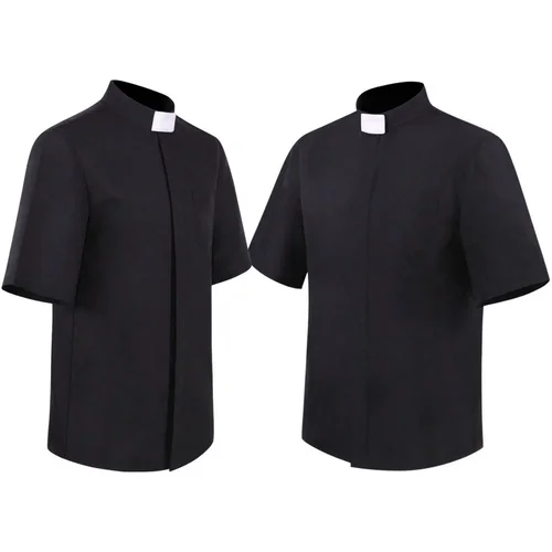Imagen 2 del producto Camisa con cuello de sacerdote para hombre, Tops de manga corta de verano para ministro de la Iglesia Católica, Stand-up, blusa romana, S-5XL