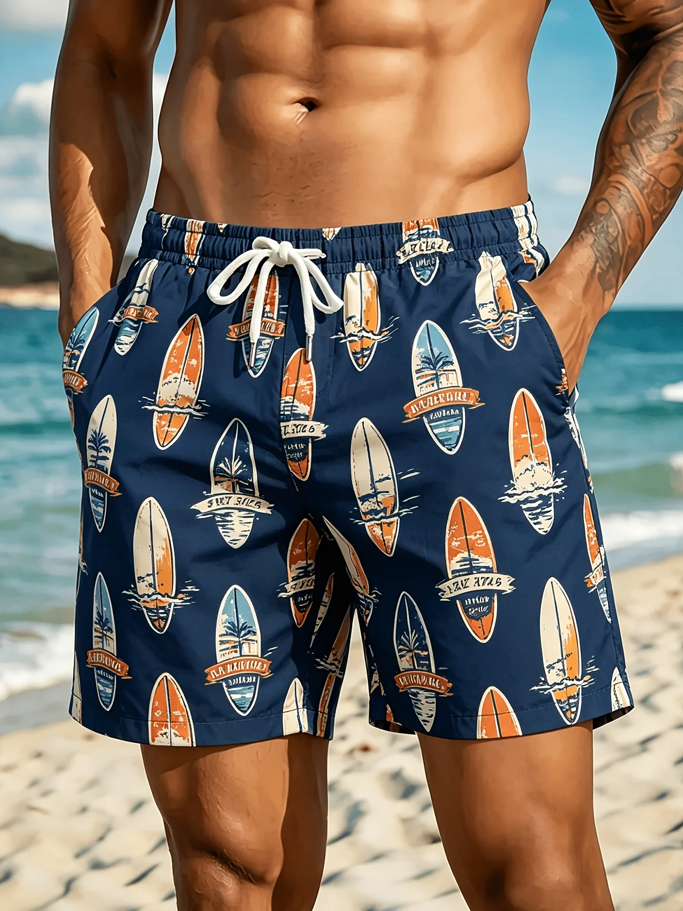 

Hot Selling Top Grade Navy Tone Art Surf Element Print Men Beach Shorts Breathable Surf Pool Party Summer Holiday Gift