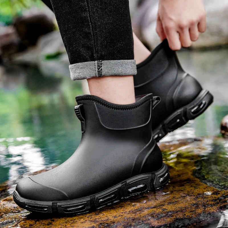 

Водонепроницаемые нескользящие мужские дождевые ботинки в стиле челси, корейский стиль, белые, на флисовой подкладке, короткие, с защитой носка