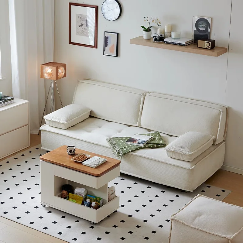 

Small apartment sofa bed living room dual-purpose folding fabric straight row cream wind